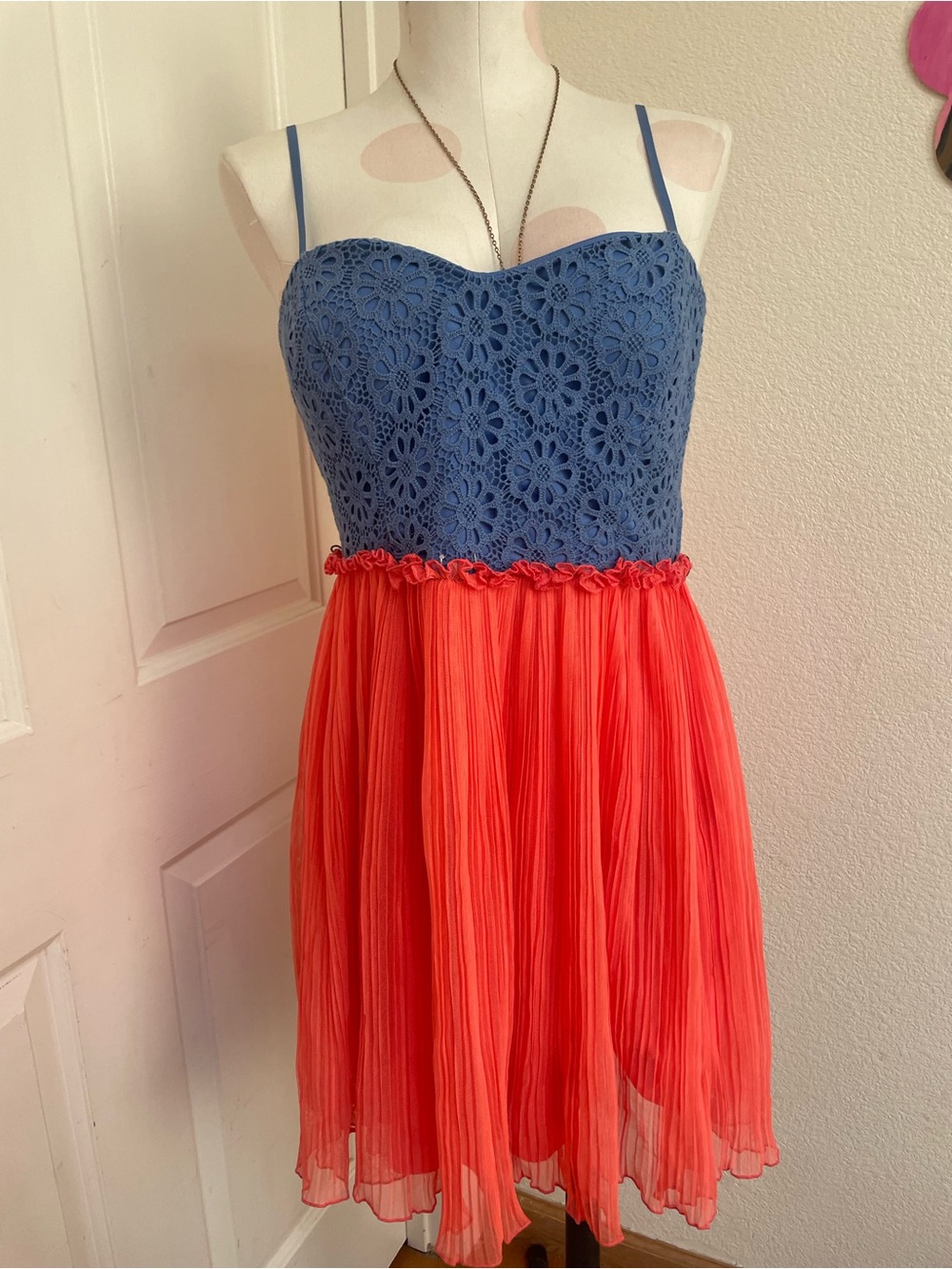 Blue Crochet Top & Coral Skirt Spaghetti-Strap dress